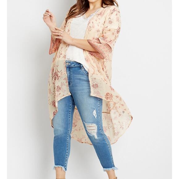Maurices Open Front Floral Print Bell Sleeve Shirttail Hem Kimono - Picture 1 of 7